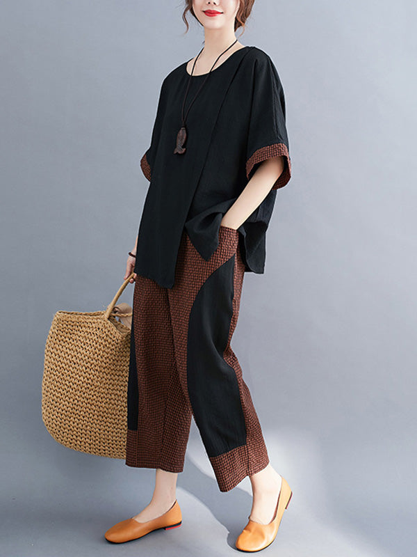 Plaid Split-Joint Asymmetric T-Shirt&Pants Suits