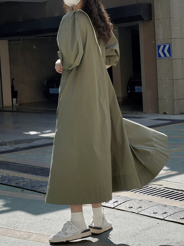Solid Color Loose Puff Sleeves Round-Neck Midi Dresses