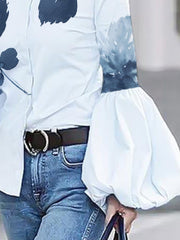 Buttoned Leaves Print Long Sleeves Loose High-Neck Blouses&Shirts Tops