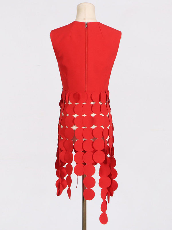 Polka-Dot Solid Color Split-Joint Tasseled Sleeveless Round-Neck Vest Top