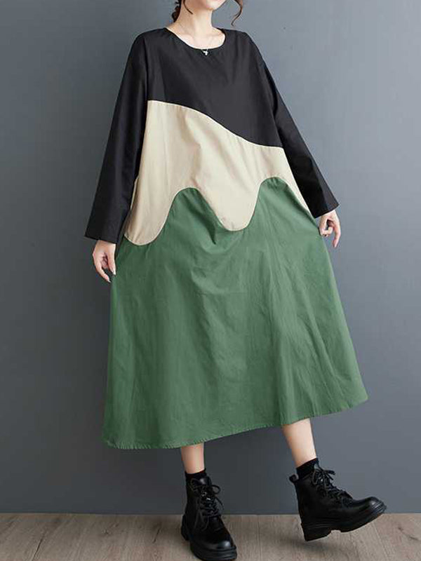 Contrast Color A-Line Long Sleeves Round-Neck Midi Dresses