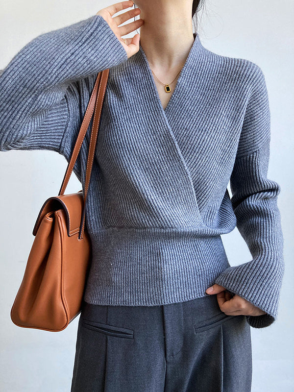 Casual Long Sleeves Loose Solid Color Cross V-Neck Sweater Tops