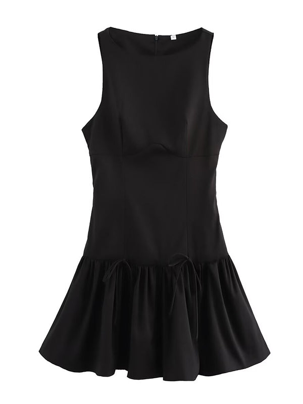 Pleated Solid Color Split-Joint Zipper A-Line Loose Round-Neck Mini Dresses