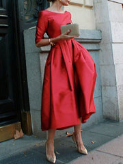 Pleated Pockets Solid Color Split-Joint A-Line Loose Round-Neck Midi Dresses