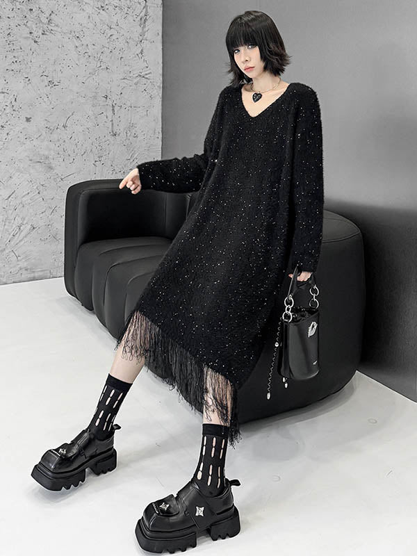 Contrast Color Sequined Shiny Split-Joint Tasseled Irregularity Long Sleeves V-Neck Sweater Dresses Midi Dresses