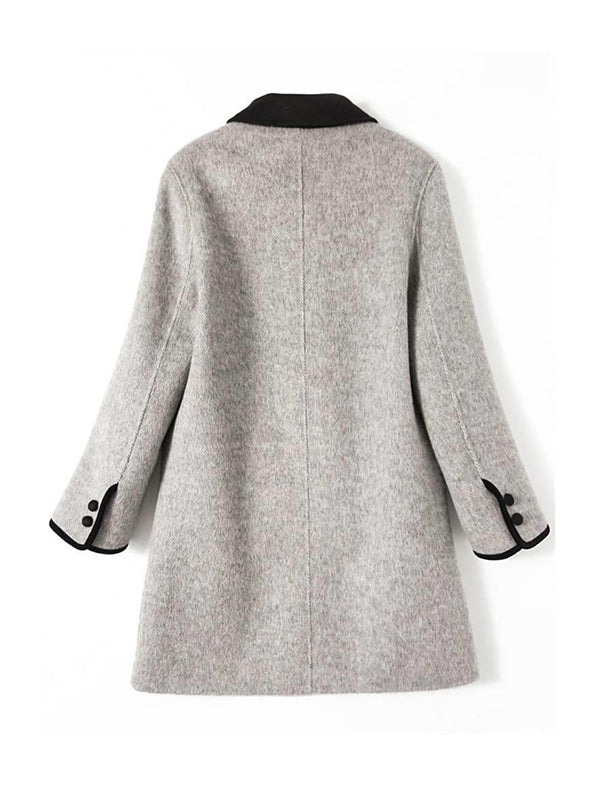 Buttoned Pockets Split-Joint Long Sleeves Loose Lapel Woolen Coat