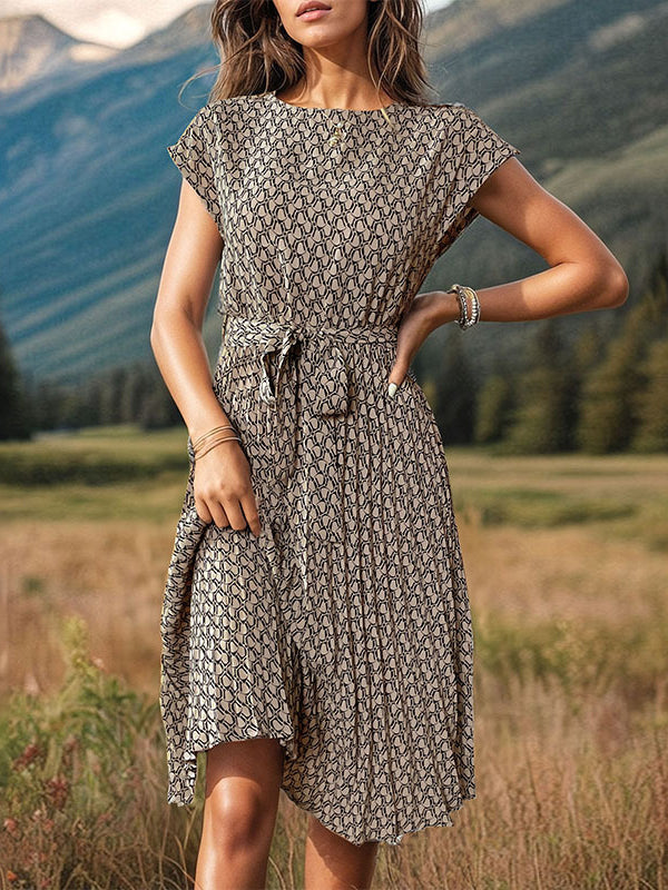 Printed Tied Waist Loose Raglan Sleeve Round-Neck Midi Dresses