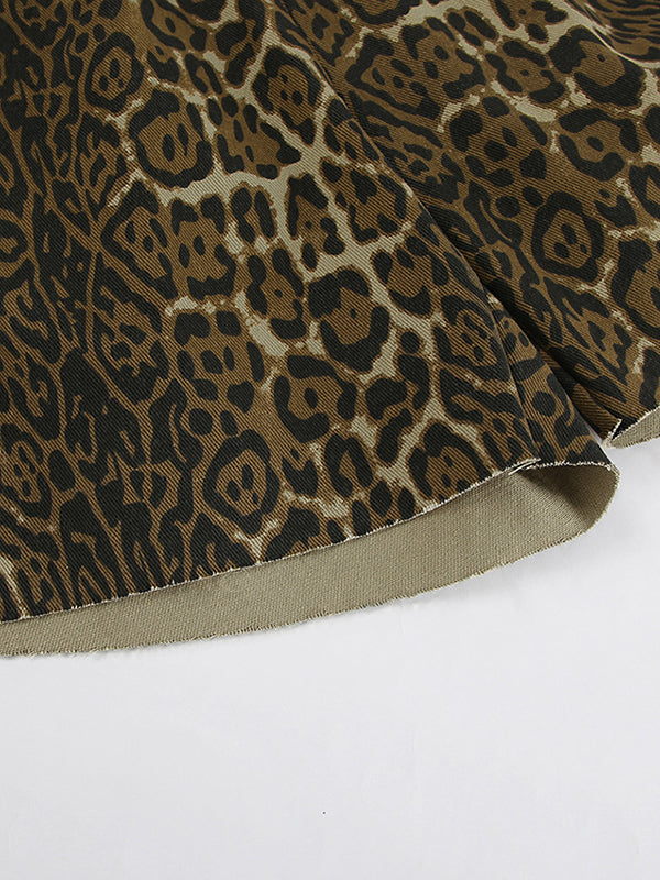 Elasticity Leopard Pockets Split-Joint Zipper High Waisted Loose Shorts Bottoms