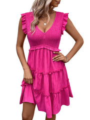 Pleated Ruffle Trim Solid Color Split-Joint Loose Sleeveless Deep V-Neck Mini Dresses