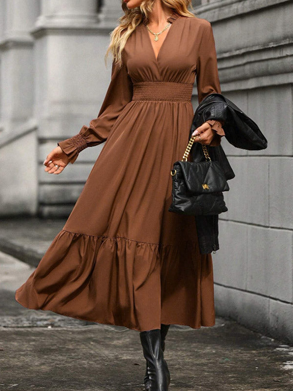 Elasticity Pleated Solid Color A-Line Flared Sleeves V-Neck Midi Dresses