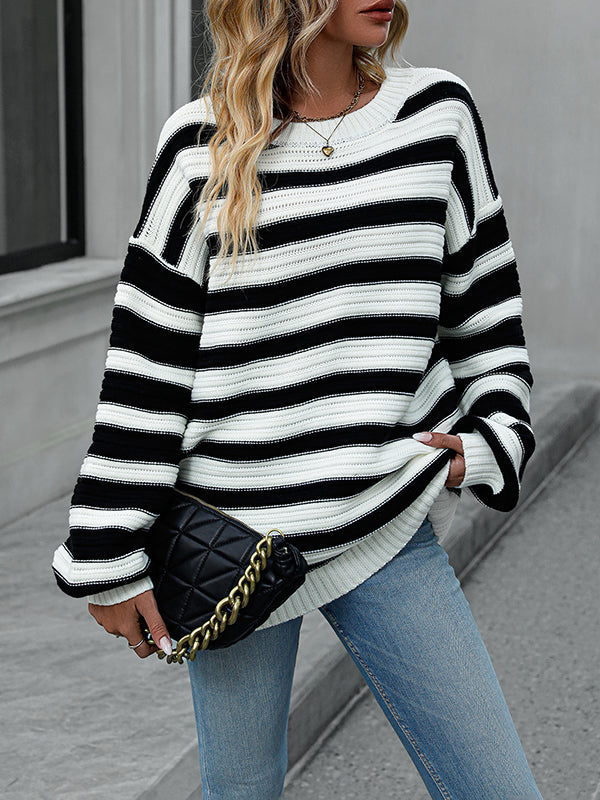 Striped Long Sleeves Loose Round-Neck Sweater Tops Pullovers