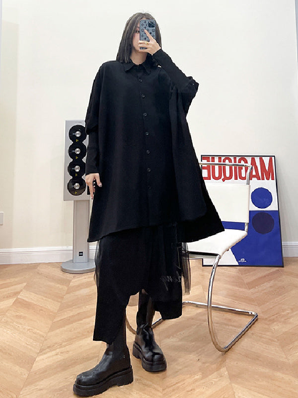 Simple Loose Batwing Sleeves Split-Joint Solid Color Lapel Blouses