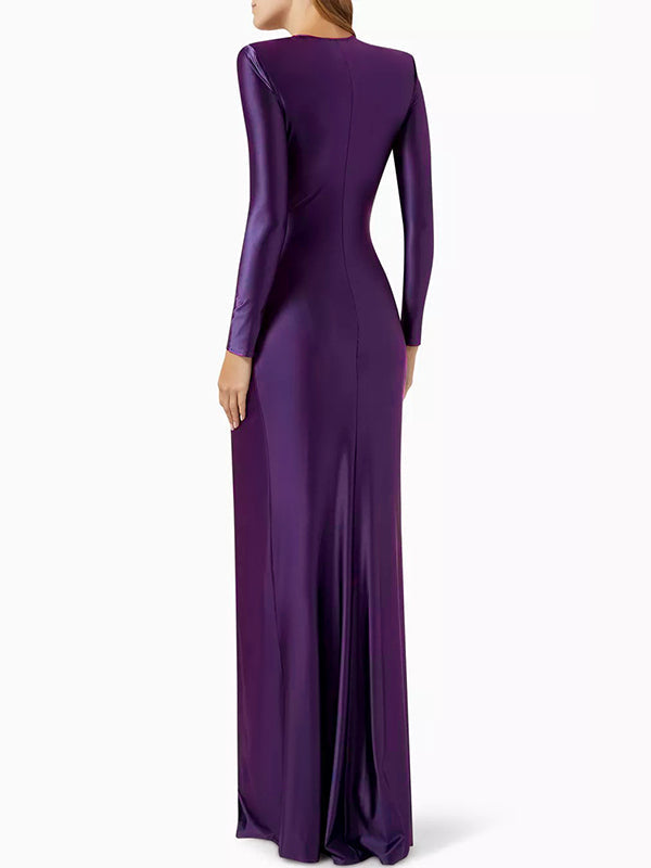 Solid Color Bodycon Long Sleeves Pleated  Split-Front Tied Waist Deep V-Neck Maxi Dresses