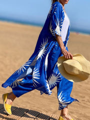Printed Split-Side Half Sleeves Collarless Outerwear Top + High Waisted Pants Bottom Two Pieces Set