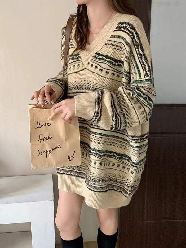 Striped Velvet Long Sleeves Loose V-Neck Sweater Dresses Pullovers