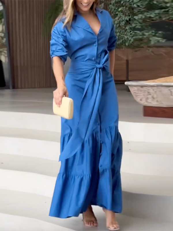 Belted Solid Color Half Sleeves Lapel Collar Shirt Dress Maxi Dresses
