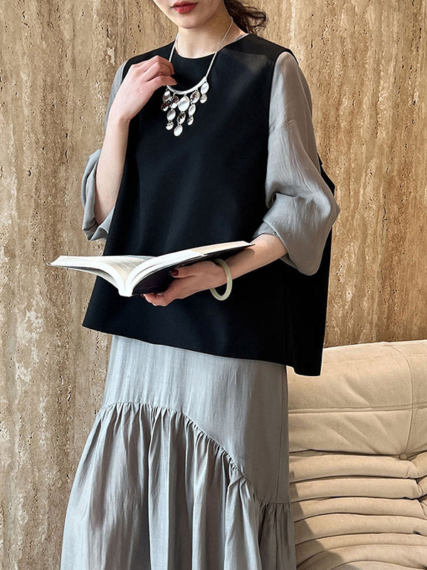 Elasticity Pleated Solid Color Split-Joint Zipper High Waisted Long Sleeves V-Neck Midi Dresses