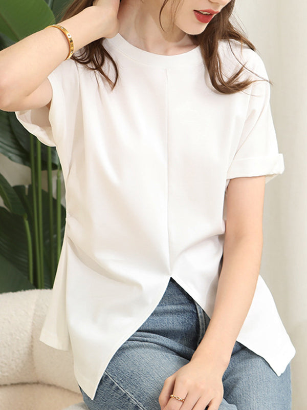 Pleated Solid Color Split-Front Split-Joint Batwing Sleeves Loose Round-Neck T-Shirts