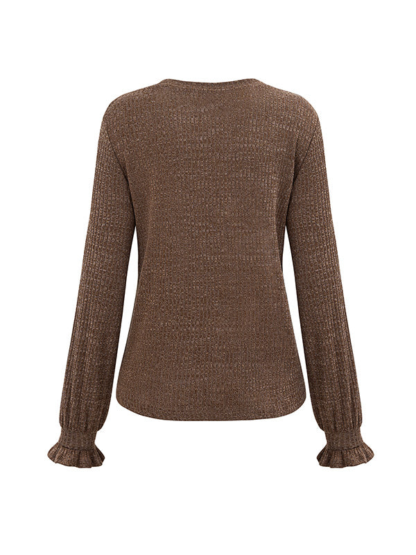 Elasticity Ruffled Solid Color Long Sleeves Loose Round-Neck T-Shirts Tops