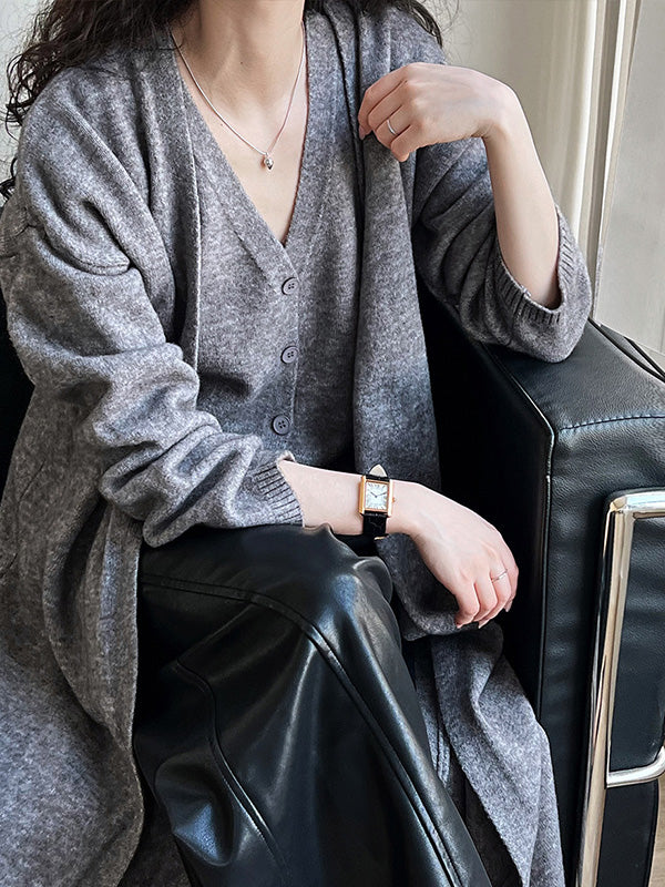 Buttoned Solid Color Long Sleeves Loose V-Neck Knit Vest + Cardigan Two Pieces Set