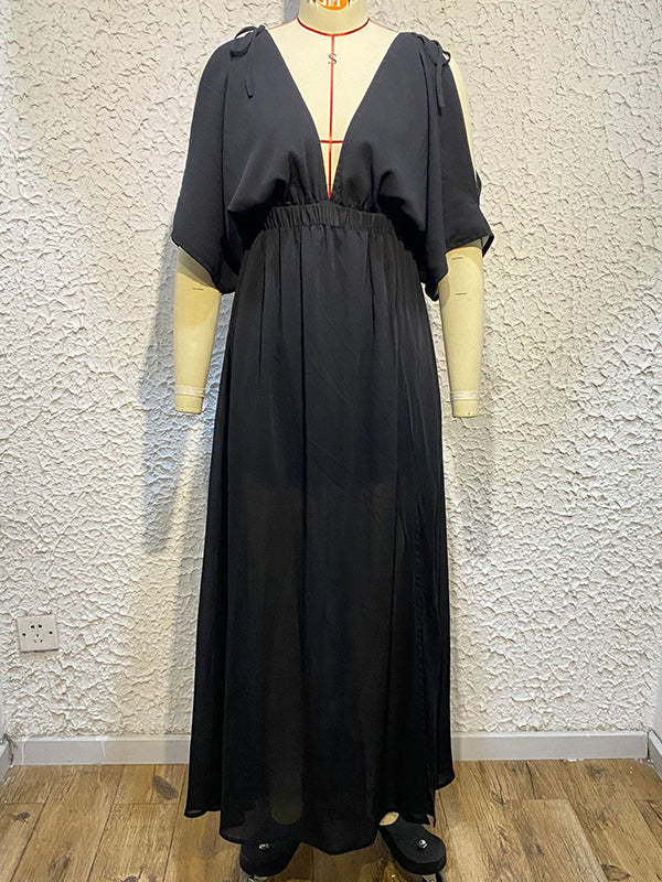 Solid Color Split-front Batwing Sleeves Loose Deep V-Neck Maxi Dresses
