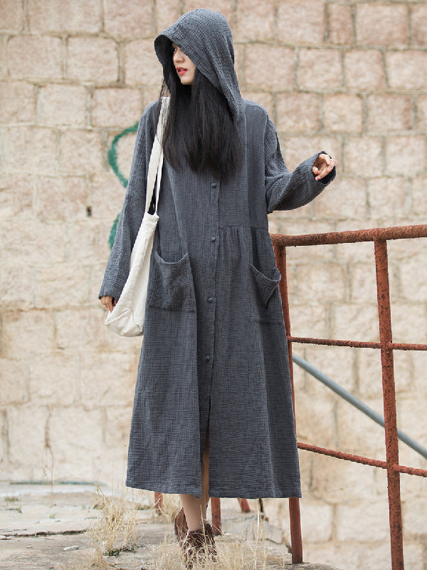 Solid Color Split-Joint Long Sleeves Loose Hooded Outerwear
