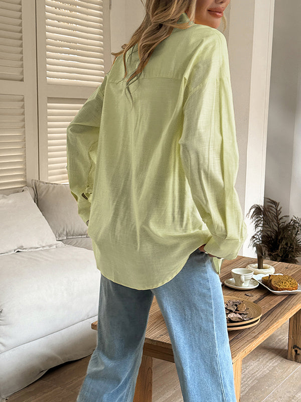 Buttoned Solid Color Long Sleeves Loose Lapel Blouses&shirts Tops