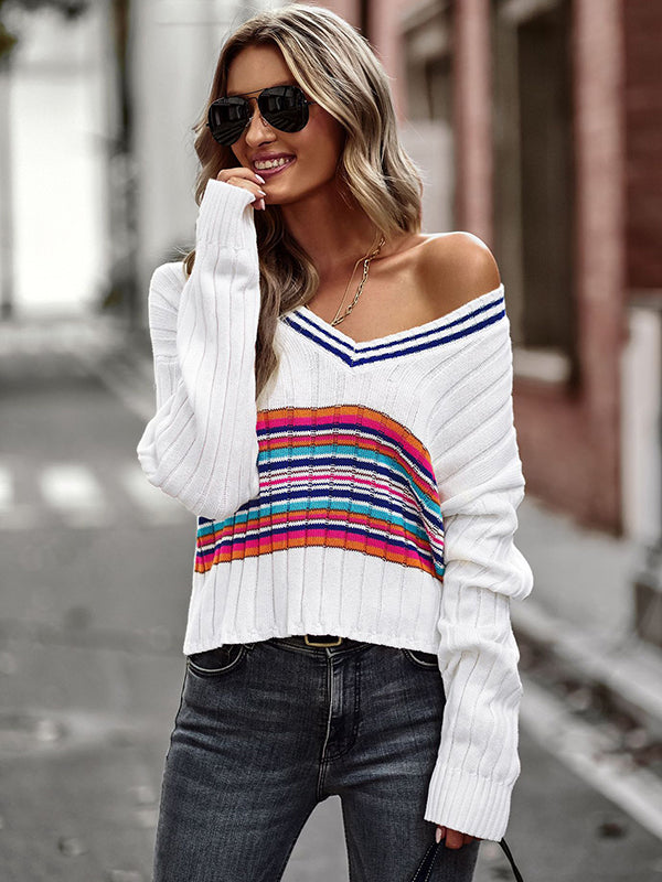 Casual Long Sleeves Striped V-Neck Sweater Tops