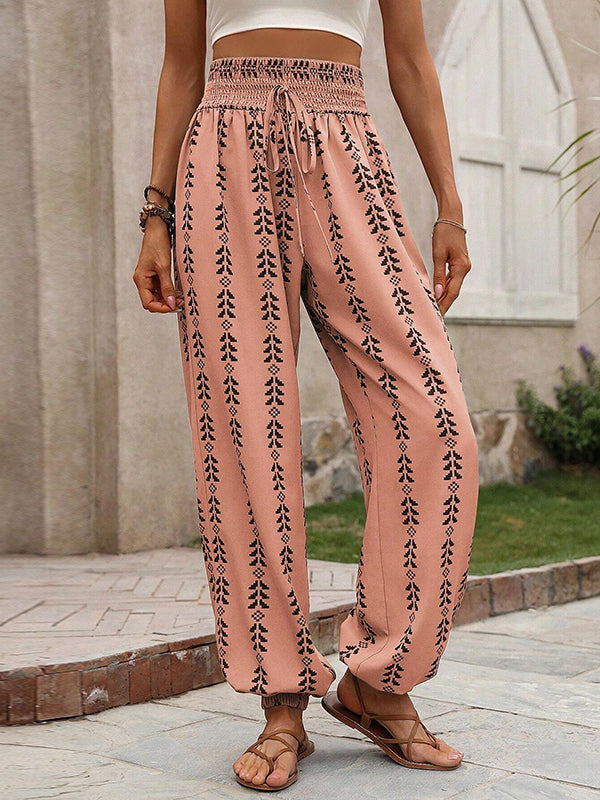 Drawstring Elasticity Pleated Printed High Waisted Loose Trousers Pants Knickerbockers