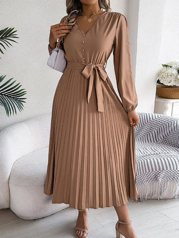 Belted Buttoned Pleated Solid Color High Waisted Long Sleeves V-Neck Maxi Dresses