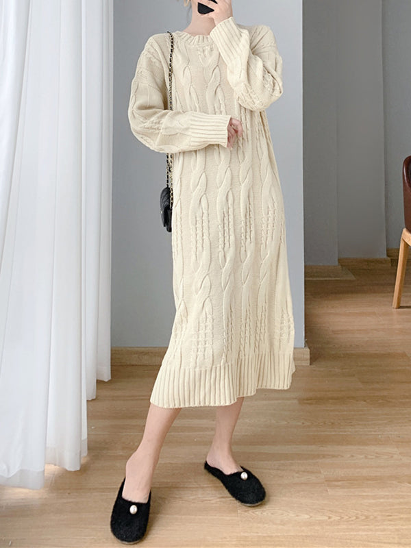 Simple Loose Long Sleeves Jacquard Solid Color Round-Neck Midi Dresses