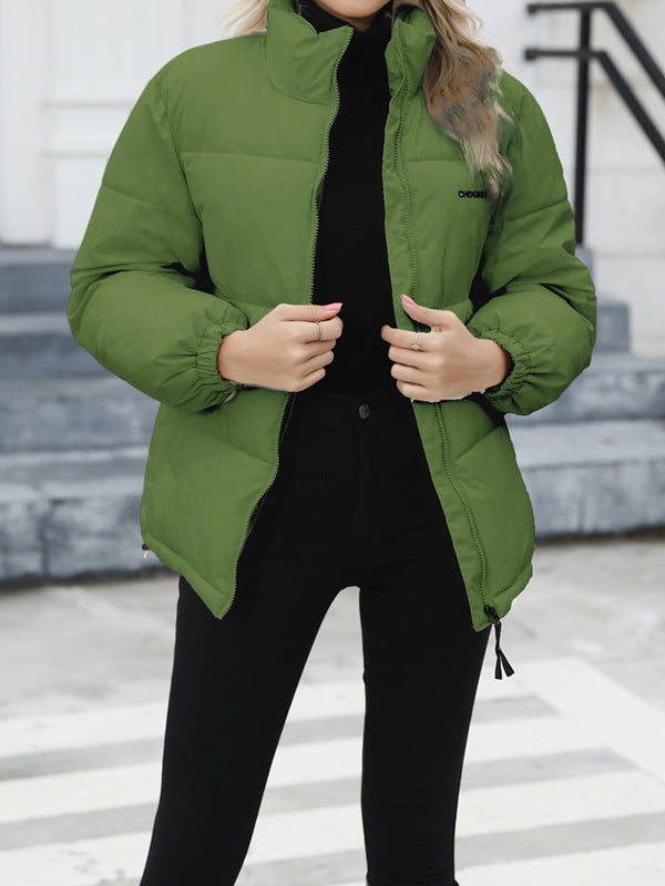 Keep Warm Quilted Solid Color Zipper Long Sleeves Loose High Neck Padded Coat