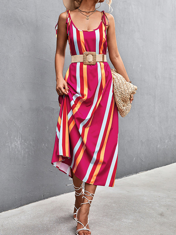 Contrast Color Striped Tied Loose Sleeveless U-Neck Slip Dress Midi Dresses