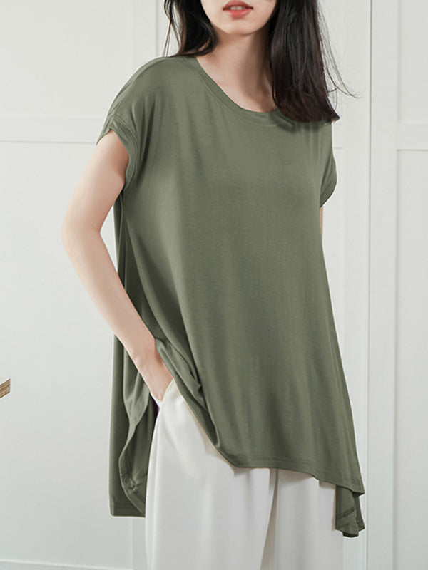 Asymmetric Solid Color High-Low Loose Round-Neck T-Shirts Tops