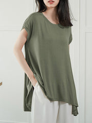 Asymmetric Solid Color High-Low Loose Round-Neck T-Shirts Tops