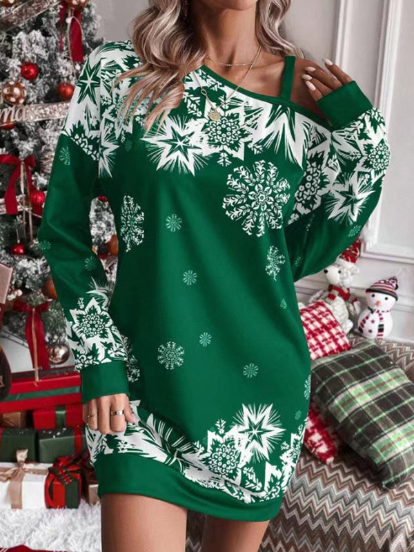 Contrast Color Printed Split-Joint Bodycon Long Sleeves One-Shoulder Midi Dresses