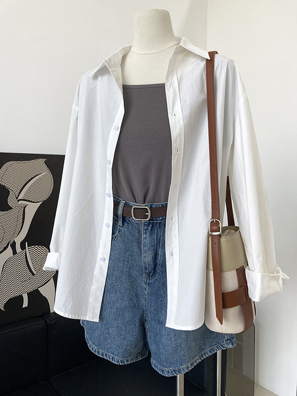 Simple Loose Long Sleeves Buttoned Solid Color Lapel Collar Blouses&Shirts Tops