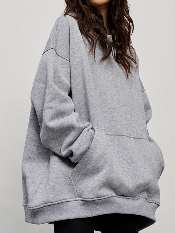 Pockets Solid Color Velvet Long Sleeves Loose Hooded Hoodies Tops