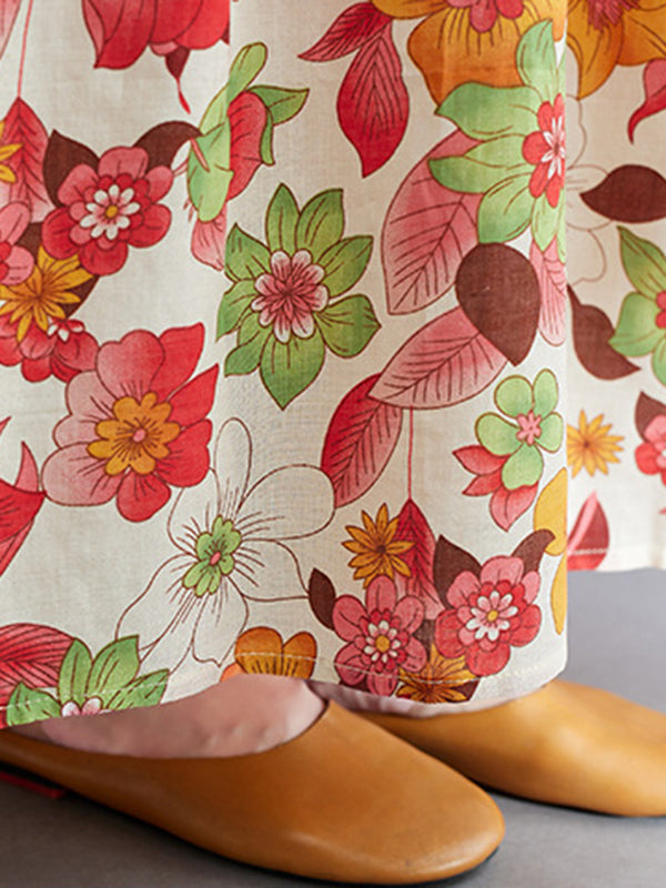 Pleated Printed Split-Joint Loose Short Sleeves Round-Neck Midi Dresses