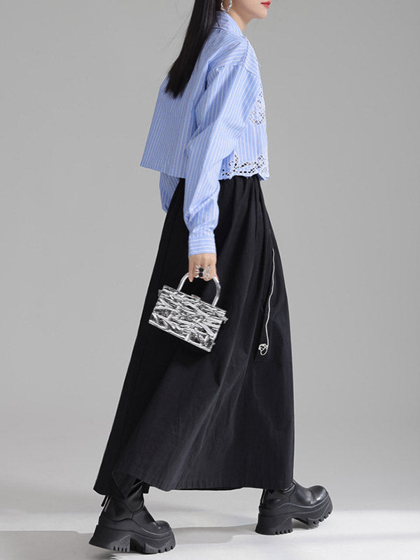 Buttoned Hollow Solid Color Long Sleeves Loose Lapel Blouses&Shirts Tops