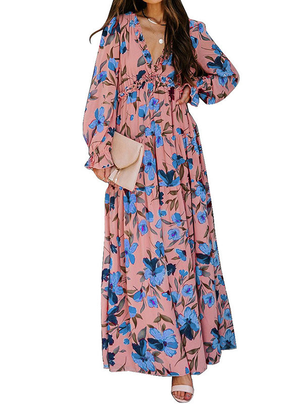 Flower Print Pleated Ruffled High Waisted Long Sleeves V-Neck Maxi Dresses