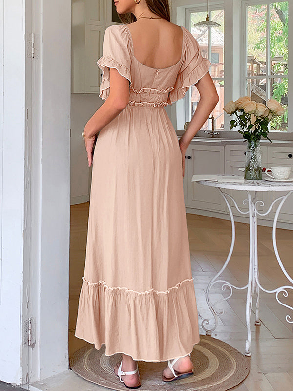 Pleated Ruffle Trim Split-Joint Zipper A-Line High Waisted Square-Neck Midi Dresses