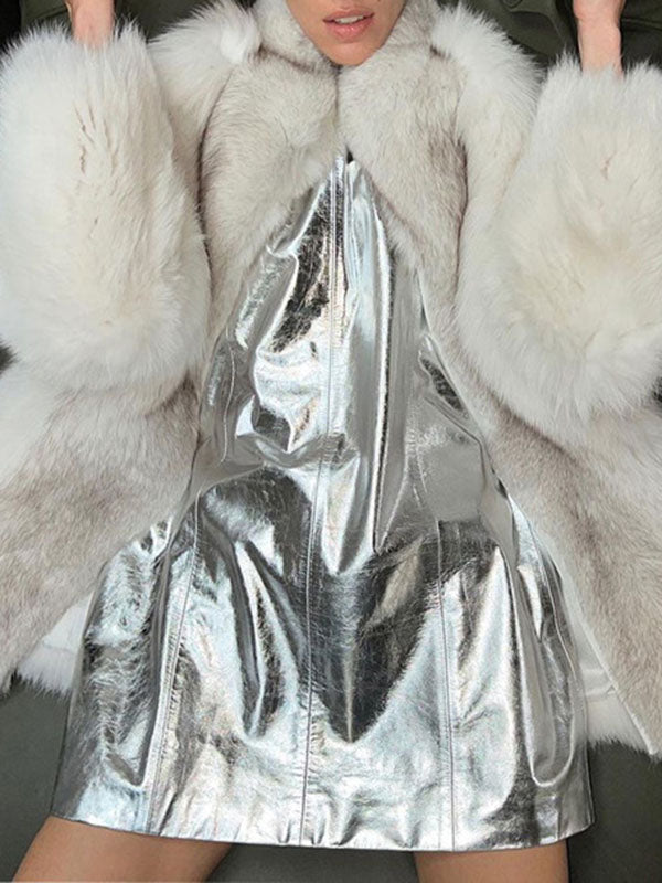 Shiny Solid Color Zipper A-line Loose Round-neck Mini Dresses