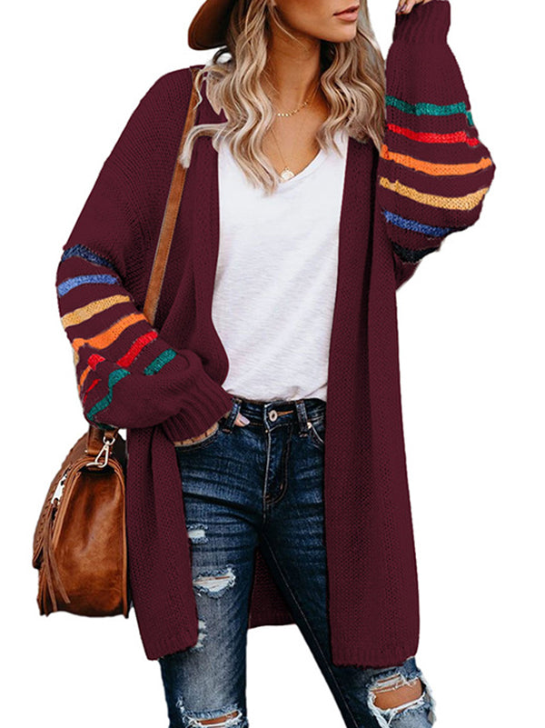 Colorful Contrast Color Striped Long Sleeves Loose Collarless Cardigan Tops