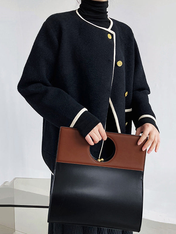 Asymmetric Buttoned Pockets Split-Joint Long Sleeves Loose Round-Neck Woolen Coat