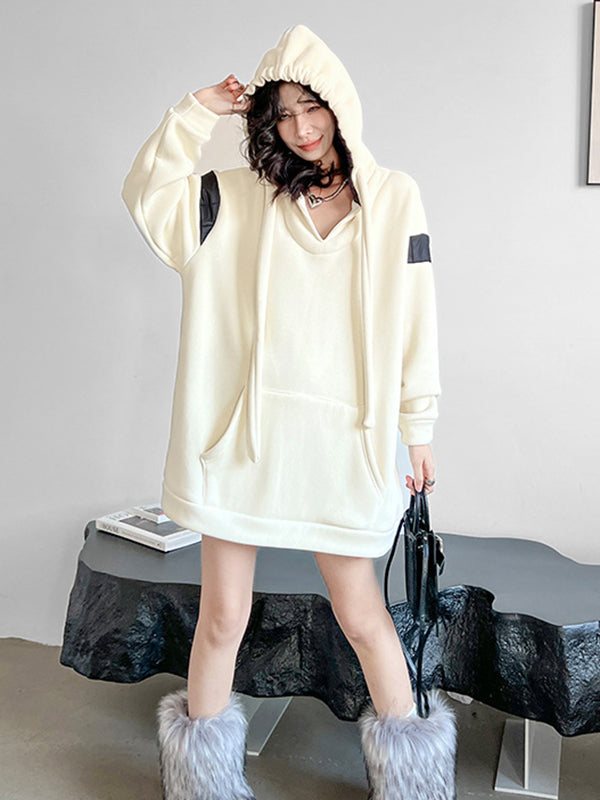 Contrast Color Drawstring Pockets Velvet Long Sleeves Loose Hoodies Tops