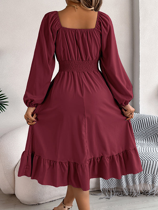 Pleated Ruffled Solid Color A-Line Elasticated Waist Square-Neck Midi Dresses