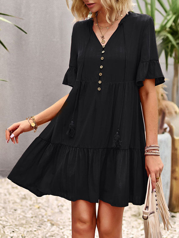 Falbala Loose V-Neck Mini Dresses