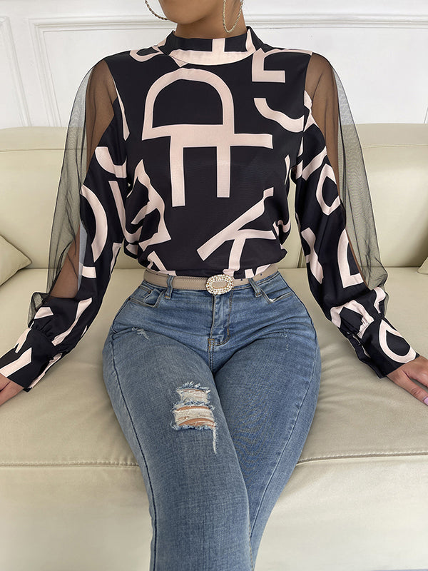 Buttoned Hollow Letter Print See-Through Split-Joint Long Sleeves Round-neck Shirts Tops Blouses&shirts Tops
