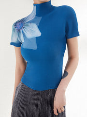 Flower Print Pleated Short Sleeves Mock Neck T-Shirts Tops